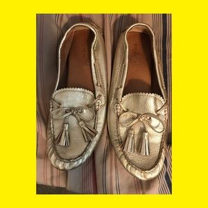 Gold leather coach loafers. (Women)